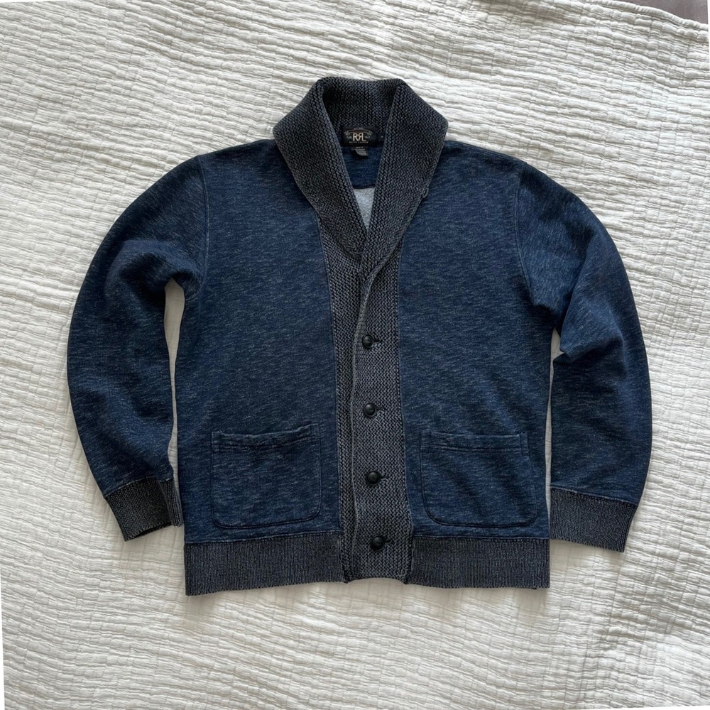 RRL Ralph Lauren Indigo Marled Cotton Shawl Collar Cardigan Men's Medium NWOT
